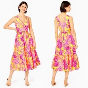 Lilly Pulitzer Bri V-Neck Cotton Midi Dress Calla Yellow Floral